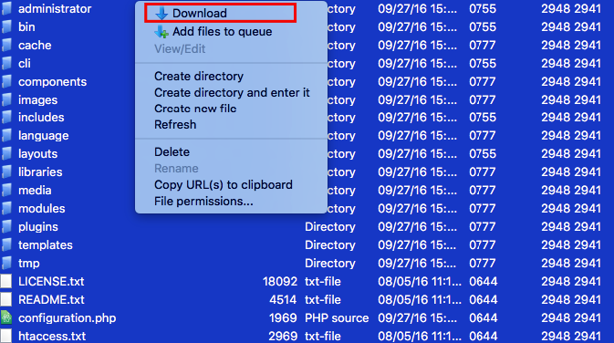 Другой способ загрузить файлы Joomla - это использовать   FTP-клиент   ,  Процесс прост - все, что вам нужно сделать, это перейти в папку Joomla, выбрать все файлы и нажать кнопку « Загрузить»